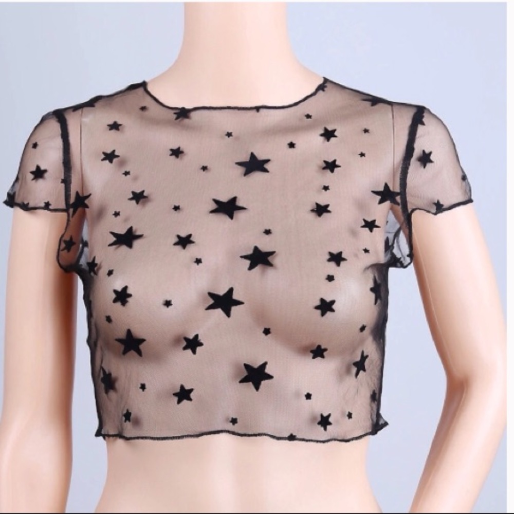 Sexy Velvet Star Mesh T-shirt Black or White - Picture 3 of 8